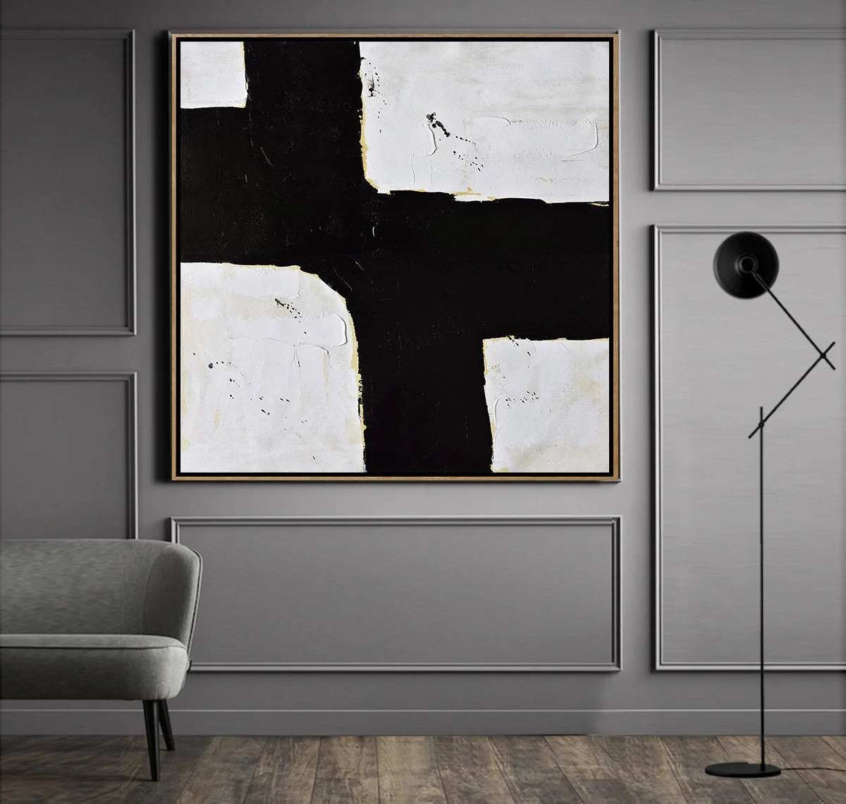 White Hand-Painted Minimalist - extra large gold wall art for bedroom